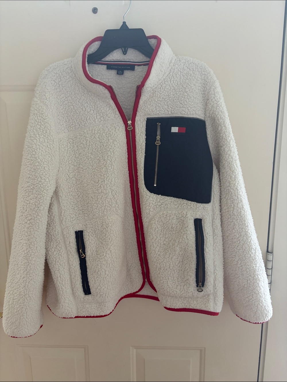 Tommy Hilfiger Cream Sherpa Jacket with Navy Pocket and Red Trim